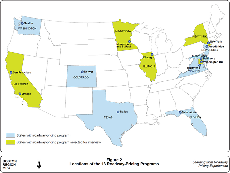 Figure 2 maps the locations of the 13 roadway-pricing programs.